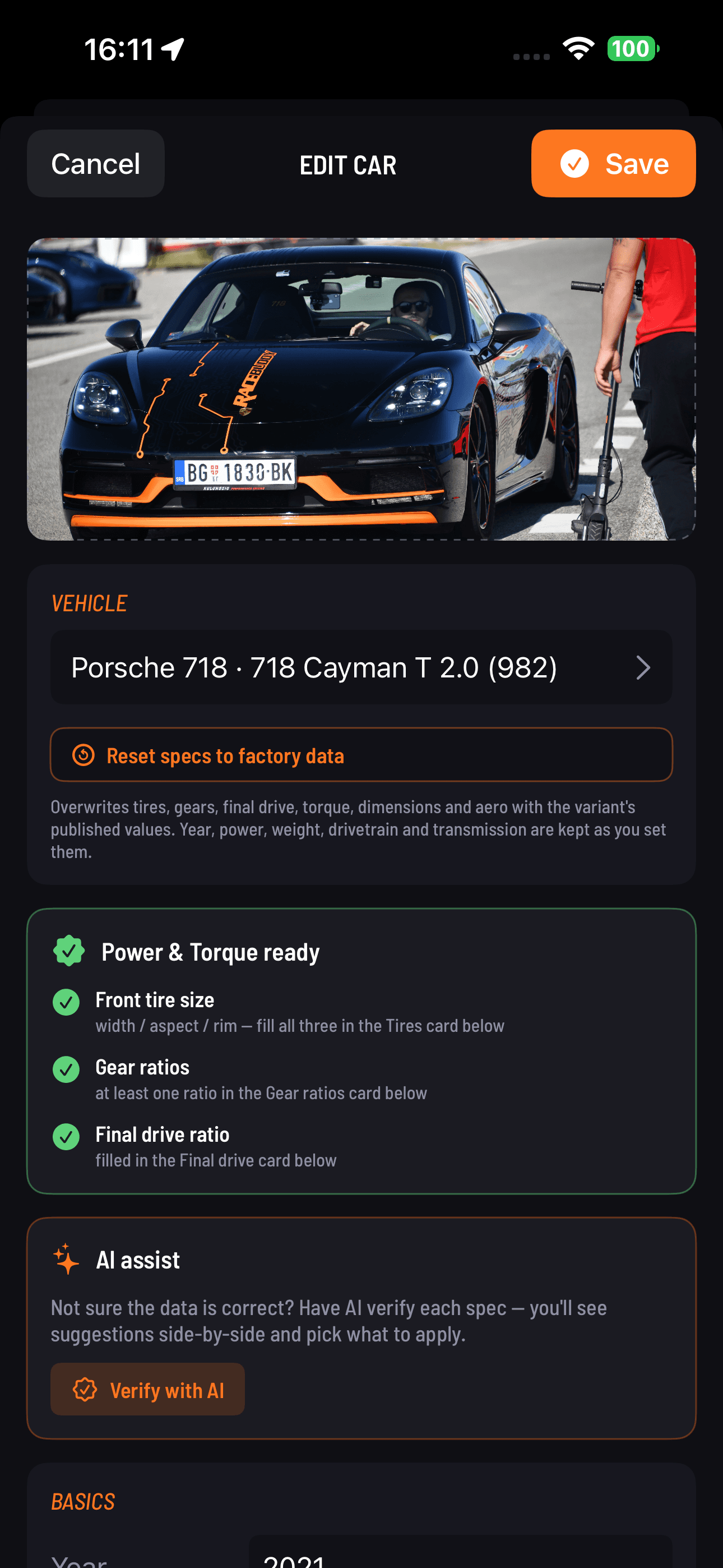 Vehicle profile with drivetrain, weight, gearing, frontal area